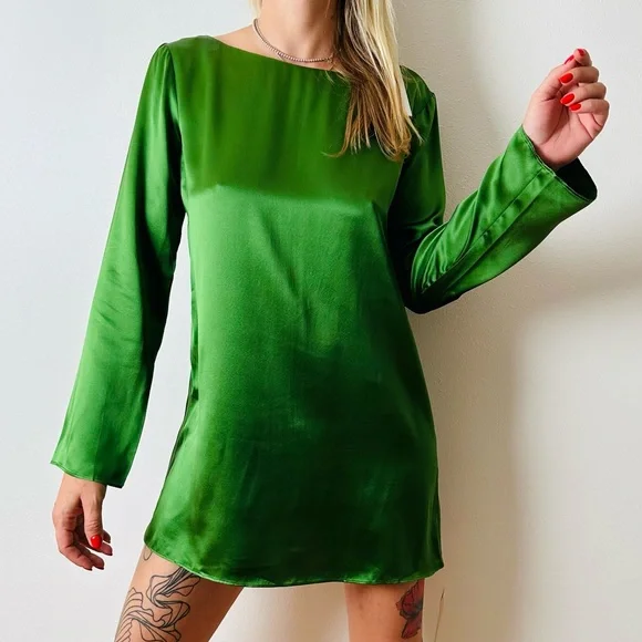 green long sleeve silk short dress Harpor Satin Mini Dress – SIMKHAI